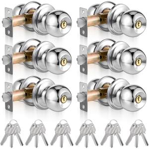 6Pcs Door Knob with Lock and Key, Stainless Steel Exterior Door Locks 60-70mm Adjustable Latch Interior Door Knobs Lock for Bedroom Bathroom Entry Doors, Silver
