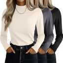 Ficerd 3 Pack Women's Mock Turtleneck Shirts, Long Sleeve Mock Neck Pullover Tops Slim Fitted Stretch Undershirt Tee Blouse (Medium, Black, Gray, Cream)