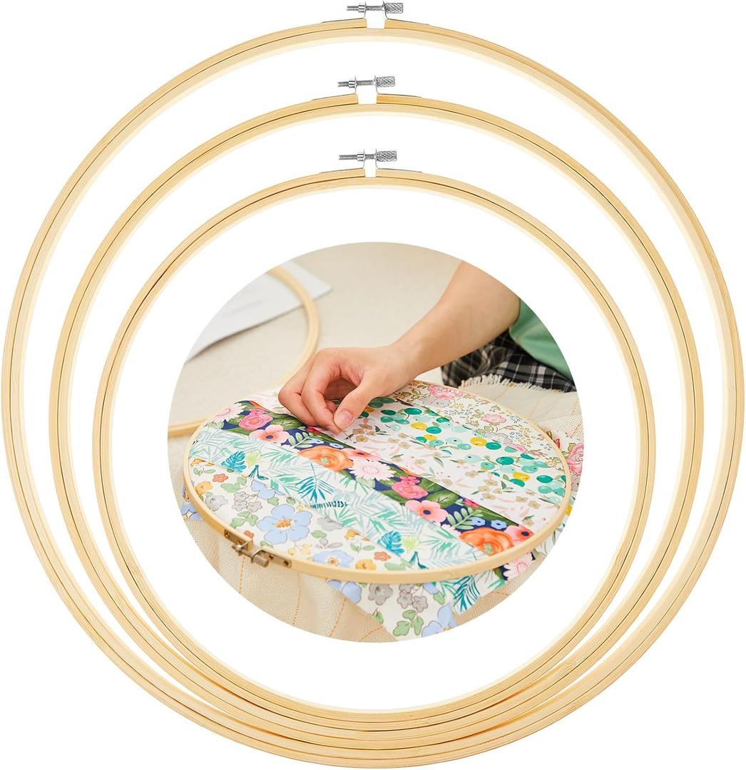 CroBlissful 3 Pcs Large Embroidery&Quilting Wooden Hoop No Slip Kit 12/14/16 Inch Round Large Embroidery Hoop for Quilting Cross Stitch DIY Floss Starter of Sewing Art Kits Crafts