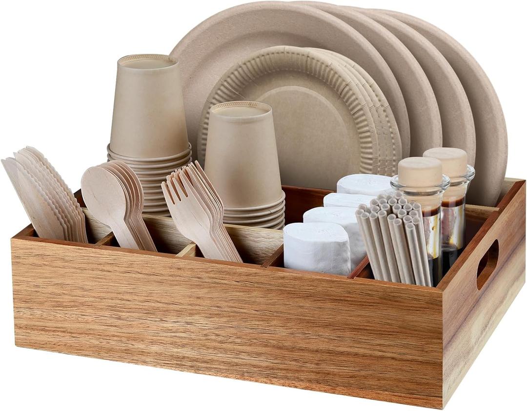 Acacia Wood Utensil Holder for Party, Paper Plate Organizer Silverware Caddy with 6 Compartments for Plate, Cup, Fork, Spoon, Cutlery Holder Countertop for Kitchen Camping Buffet
