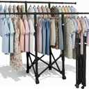 Clothes Rack Double Rods, Foldable Laundry Rack for Air Drying Clothing, Wardrobe Closet Rolling Sturdy Metal Garment Rack for Bedroom Laundry Living Room, Black 34.3inch to 57inch
