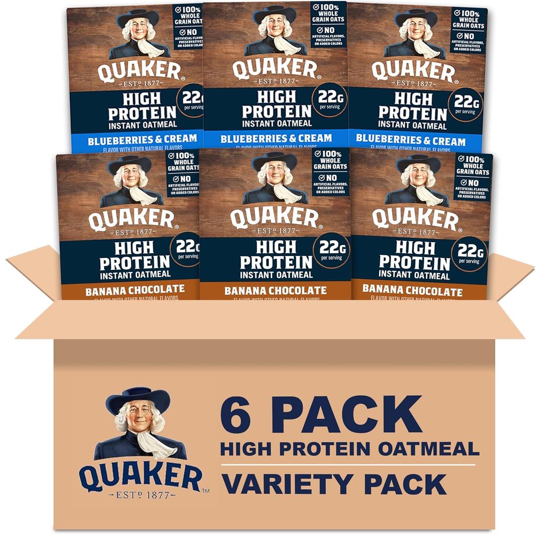 Quaker High Protein Instant Oatmeal, 2 Flavor Variety Pack, 6 Pack (EXP 12/09/26)