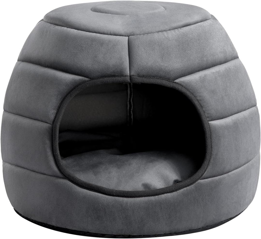 Hollypet Coral Velvet Cat Bed, 161612.5 inches 2 in 1 Foldable Cave, Self-Warming High Elastic Foam Pet Bed for Cats, Dark Gray