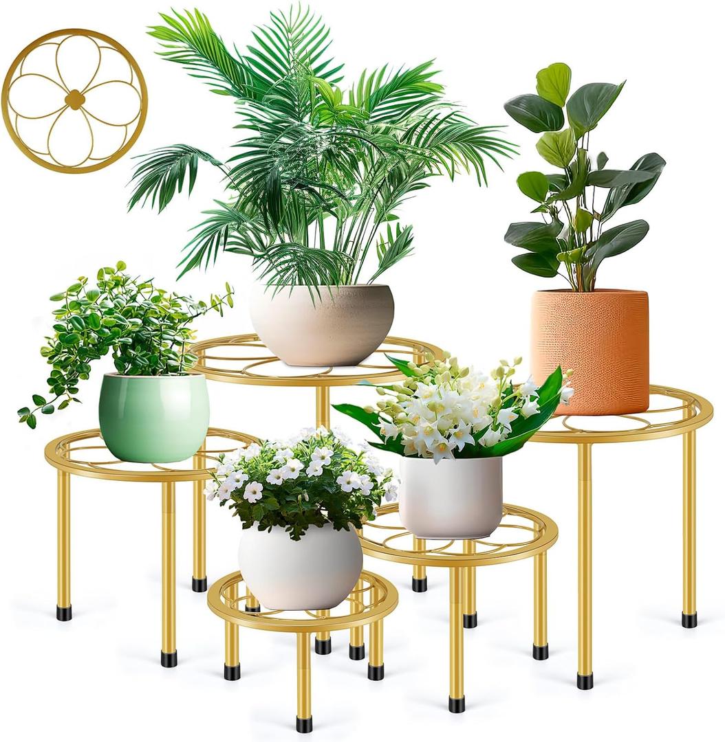 5 Pack Metal Plant Stand, Anti-Rust Iron Plant Stands for Indoor and Outdoor, Heavy Duty Flower Pot Stands for Multiple Plant, Black Potted Plant Holder for Garden Home (5 Pack Gold)