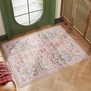 AMTOVO 2x3 Washable Entryway Area Rug Door Mat, Vintage Boho Floral Distressed Print Non-Slip Carpet, Small Throw Rug for Indoor Entrance Kitchen Bedroom Bathroom Laundry Floor, Pink