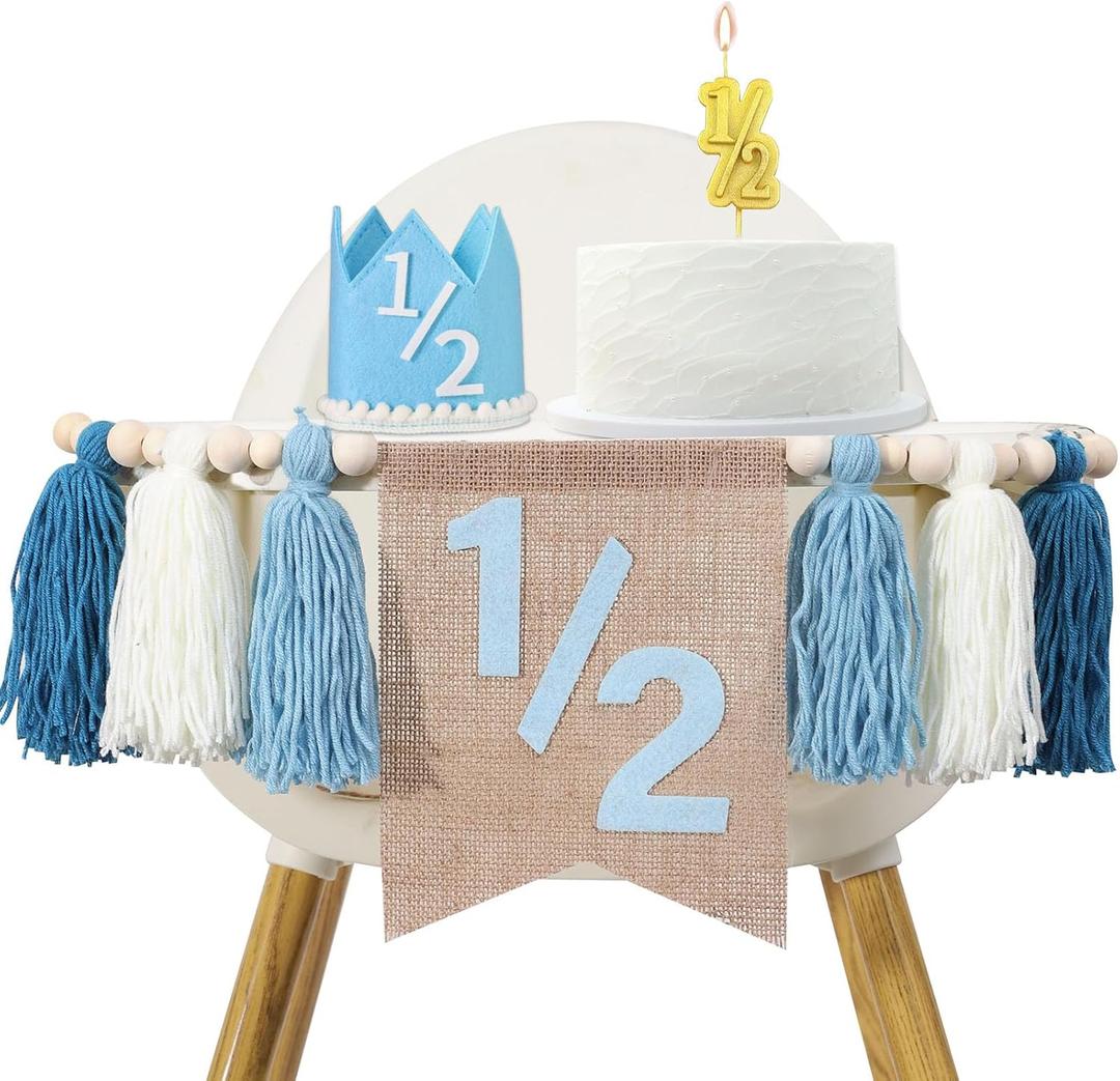 1/2 Birthday Boy Half Birthday Decorations High Chair Banner, 6 Month Tassel Wood Bead Highchair Garland Blue