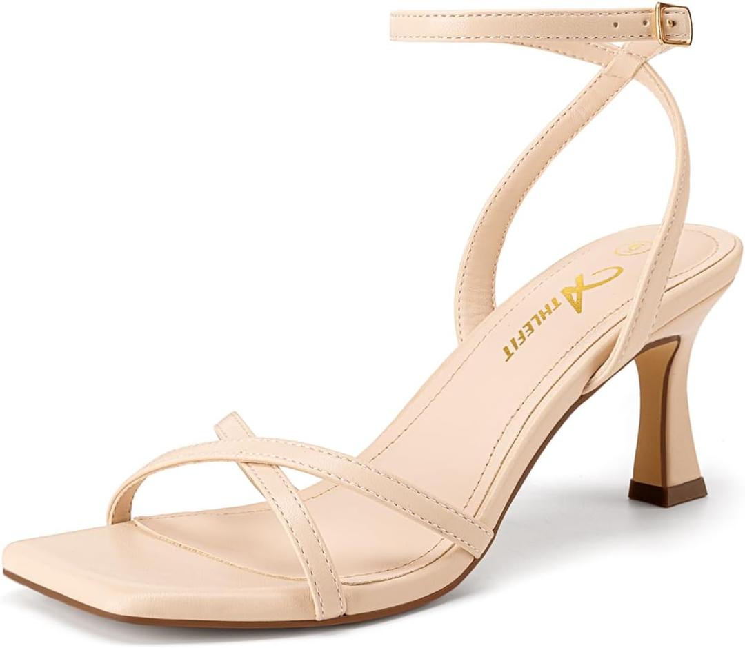 Athlefit Kitten Heels for Women Square Open Toe Strappy Heeled Sandals Ankle Strap Dress High Heels for Prom Party Wedding 8.5