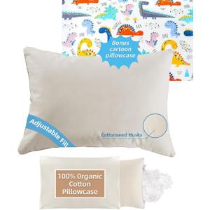 LOFE Organic Plilow with Cartoon Pillowcase - 16x22 Kids Pillow with 100% Organic Cotton Shell, Adjustable Organic Youth Pillow, Machine Washable, Soft,for Kids&Youth&Children (Dinosaur)