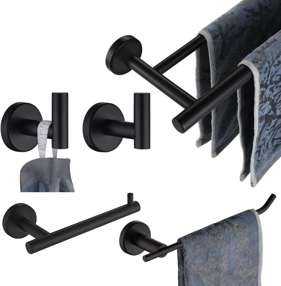 JQK Bathroom Hardware Set, 5-Piece Bath Accessories Set Matte Black Wall Mount Includes 24 in Towel Bar, 9 in HT Bar, TP Holder, Towel Hook x 2, BAS105-PB