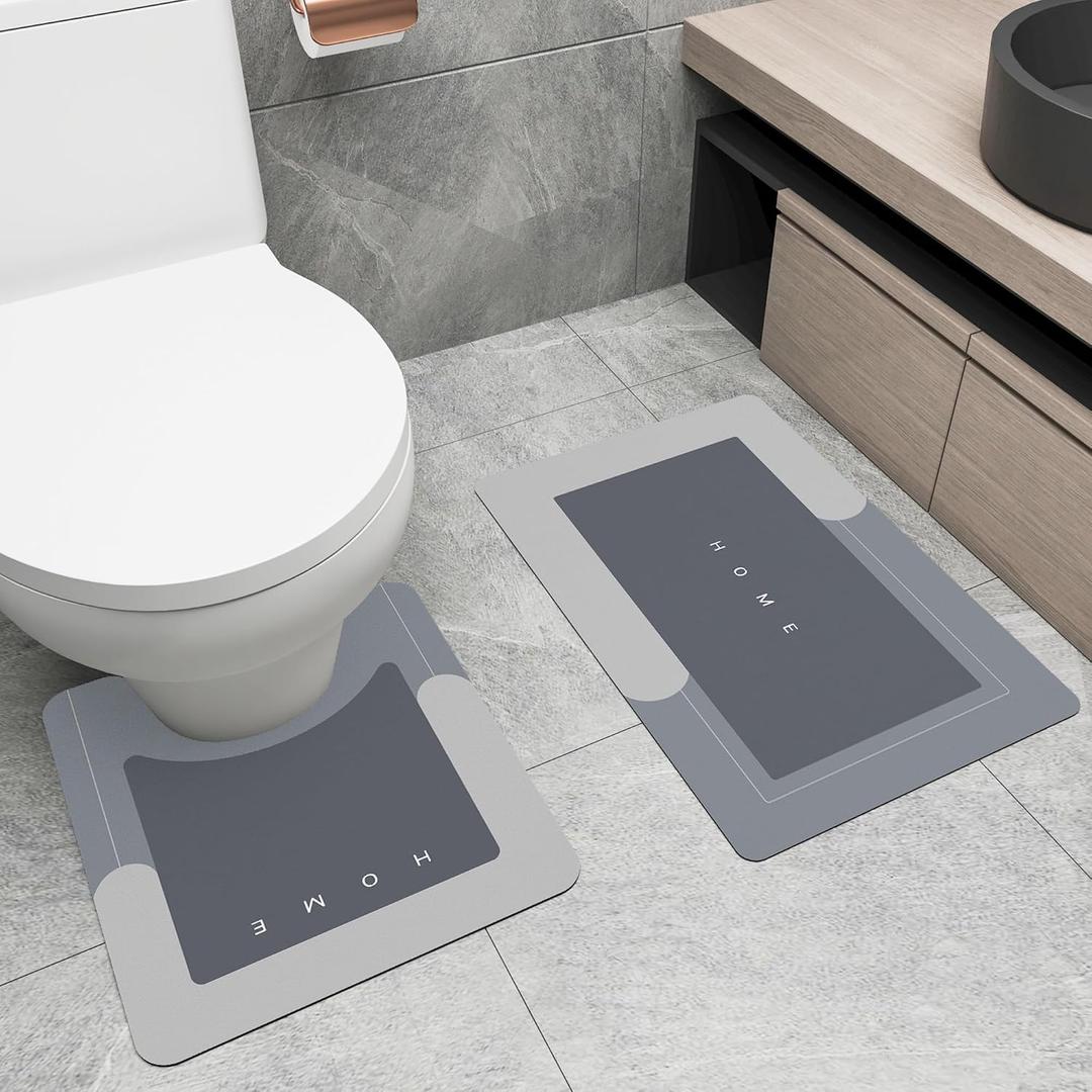 2Pcs Bathroom Mats and Toilet Rugs U Shaped Set, Non-Slip Quick-Dry Toilet Mat Bath Mat Rug for Tub, Shower and Bath Room 19.7"x31.5"+19.7"x23.6", Grey, 2 Pieces