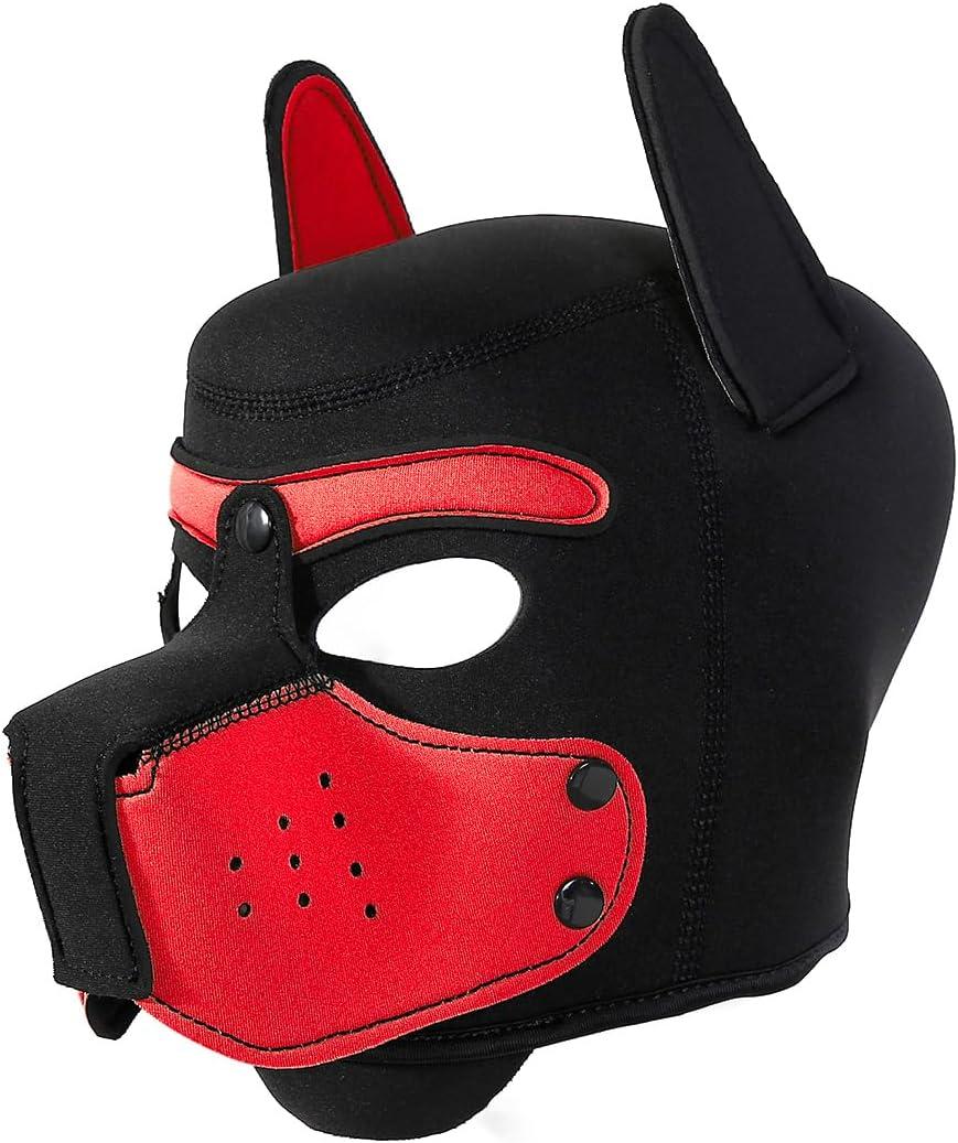Neoprene Puppy Face Muzzle Dog Removable Full Head Hood Mask With Ears (Red, One Size)