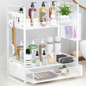 VITVITI 2 Tier Bathroom Organizer Countertop with Drawer, Metal Mesh Bathroom Counter Vanity Organizer Storage, Bath Room Shelf Sink Kitchen Spice Rack with Basket Hooks, White
