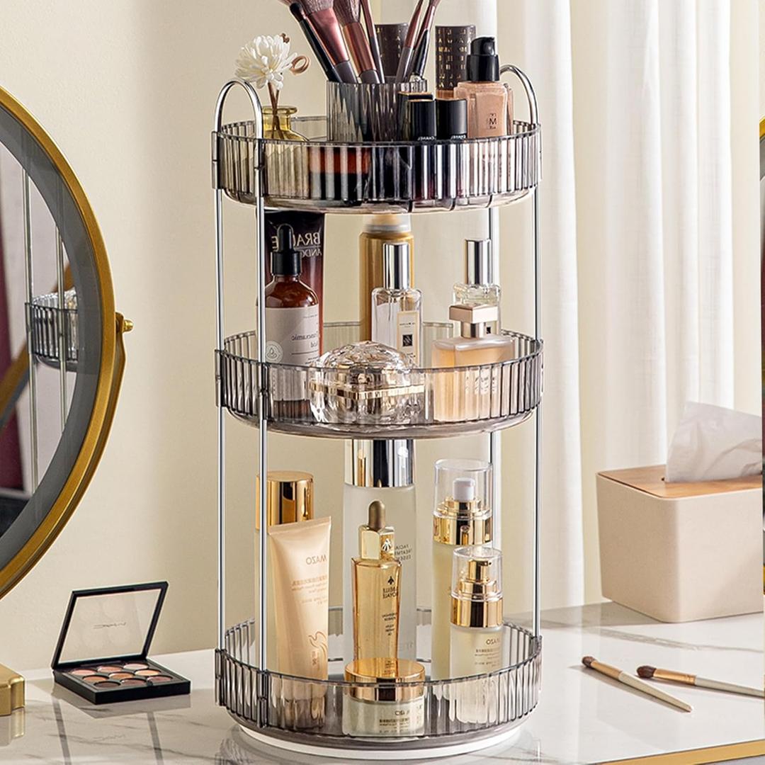 Aveniee 360 Rotating Makeup Organizer for Vanity, Upagraded Perfume Skincare Bathroom Counter Organizers with Brush Divider, 3 Tier Spinning Lipstick Cosmetic Lotion Storage,Grey
