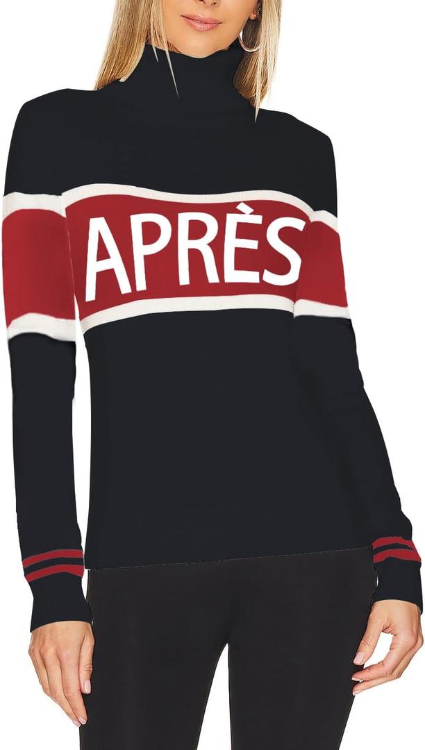 Women Turtleneck Sweaters Stripe Sleeve Lightweight Shirts Apres Ski Tops Fashion Winter Thermal Outfits (Large, Black_red)