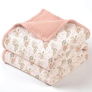 lulumoon Muslin Baby Blanket for Girl: Lightweight Cotton for Newborns - Soft Nursery Blanket for Stroller 47"×47" (Pink Floral）