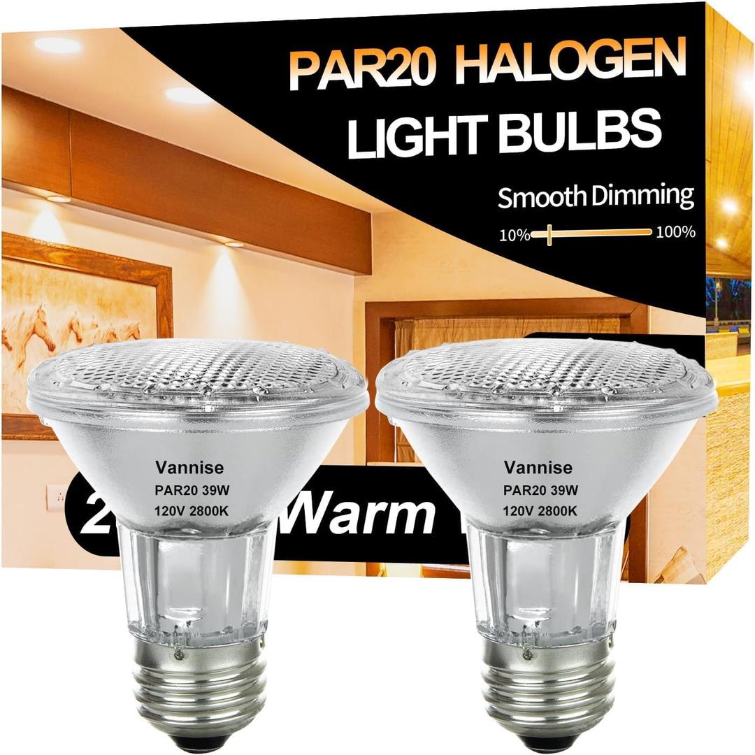 PAR20 39W Halogen Flood Light Bulbs 2PCS, 39w 120V 480 Lumens, E26 Medium Base, 2800K Warm White Dimmable for Indoor Spotlight, Range Hood Light Bulbs, Recessed Bulbs