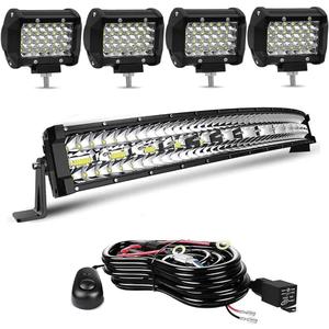 LED Light Bar- 20/22 Inch Curved 390W Triple Row Offroad Driving Spot Flood Combo Beam Bar + 4pc 4inch 72W Led Pod Lights with Wiring Harness Fit for Pickup Trucks SUV ATV UTV Boat Lights (Black)