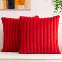 Pack of 2 Faux Fur Christmas Throw Pillow Covers 18x18 Inch, Soft Plush Striped Neutral Couch Pillow Cover, with Velvet Back Modern Home Decor for Sofa Living Room Couch Bed Red