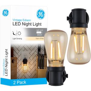 GE Vintage LED Edison Night Light, Plug-in, Dusk to Dawn, Farmhouse Decor, Mood Lighting, Home Decor, Ambient Lighting, LED Lights for Bedroom, Bathroom, Kitchen, Hallway, Black, 2 Pack, 71349