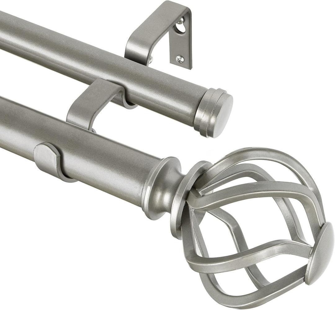 KAMANINA 1 Inch Double Curtain Rod 72 to 144 Inches (6-12 Feet), Antique Silver Heavy Duty Curtain Rods for Windows 66 to 120, Telescoping Drapery Rods with Twisted Cage Finials
