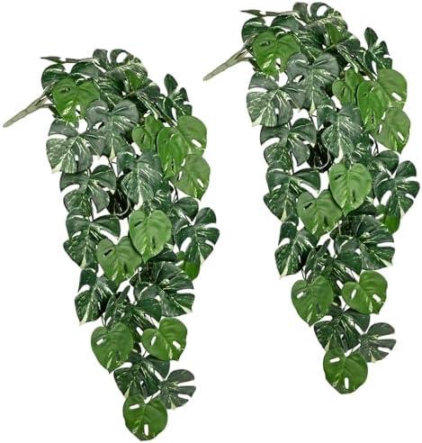 Artificial Hanging Plants Indoor Set of 2, 33" Fake Hanging Plants Realistic Monstera Leaf, Faux Hanging Plant Artificial Greenery Decor for Wall, Shelf, Living Room, Bathroom, Kitchen, Balcony