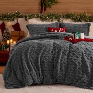 Bedsure Fluffy Flannel Duvet Cover Set for Christmas - Faux Fur Comforter Cover King Size, Dark Grey Warm Plush Bedding for Winter, 3-Piece Set with Zipper Closure (104"x90") and 2 Pillow Shams