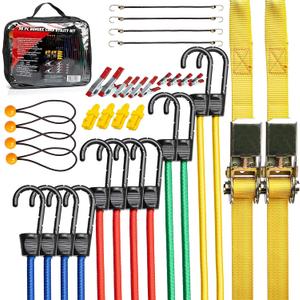 TOOLUXE 50888L Bungee Cords Kit, 36pc Assorted Bungee Cord Hooks Set, Large & Small Loop Rope with Hooks, Outdoor Canopy Ties, Ratcheting Straps, Steel Spring Clamps, Plastic Alligator Tarp Clips