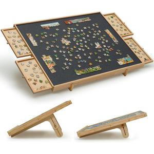 1500 Pieces Felt Puzzle Board with 4 Drawers, Cover, 2 in 1 Puzzle Table with Adjustable Tilting Stand, Portable Jigsaw Wood Table with Felt Top 34" W x 26" D