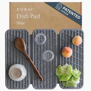Dorai Home Dish Pad - Collapsable Stone Dish Drying Mat with Diatomaceous Earth for Quick Drying - Ultra Absorbent - Encased in Woven Silicone - Eco-Friendly, Foldable - Original 19.9"x15.2", Slate