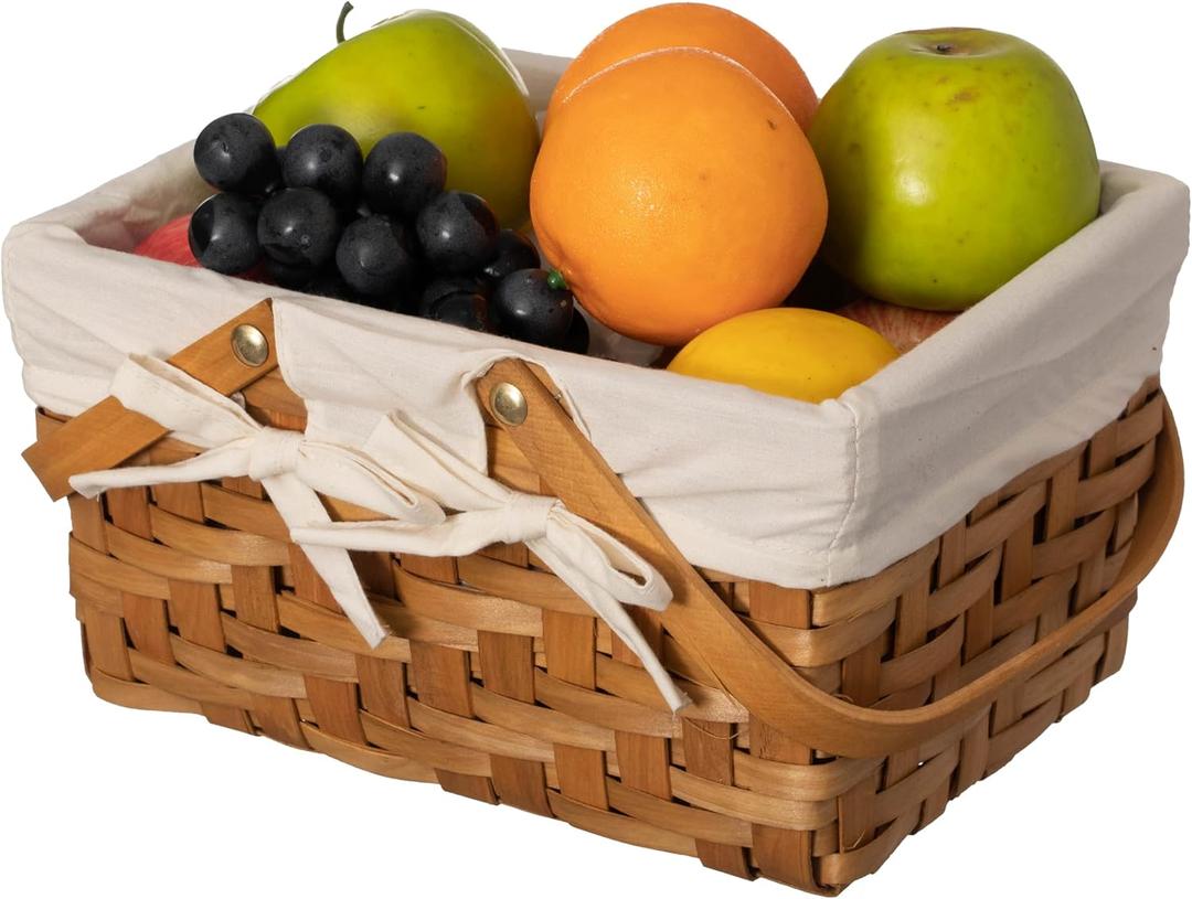 Wickerwise Handwoven Wood Chip Picnic Basket with Double Folding Handles & Removable Liner Ideal for Storage, Gift Packing, Easter, Camping, and Birthdays, White Large