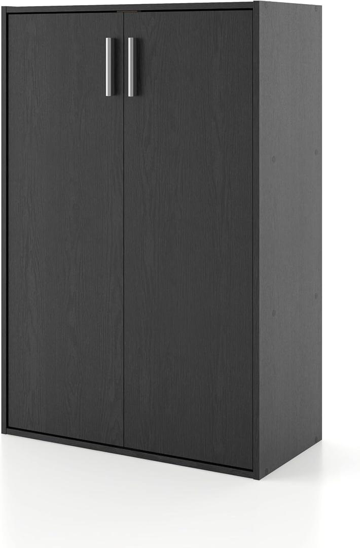 HOMES: INSIDE + OUT Apexa 3-Tier Stackable Wood Bookcase with Doors, Cube Storage Organizer Shelves, Small Food Pantry Cabinet, Dorm Teen Room Decor & Bedroom, Home Office, Kitchen, Black
