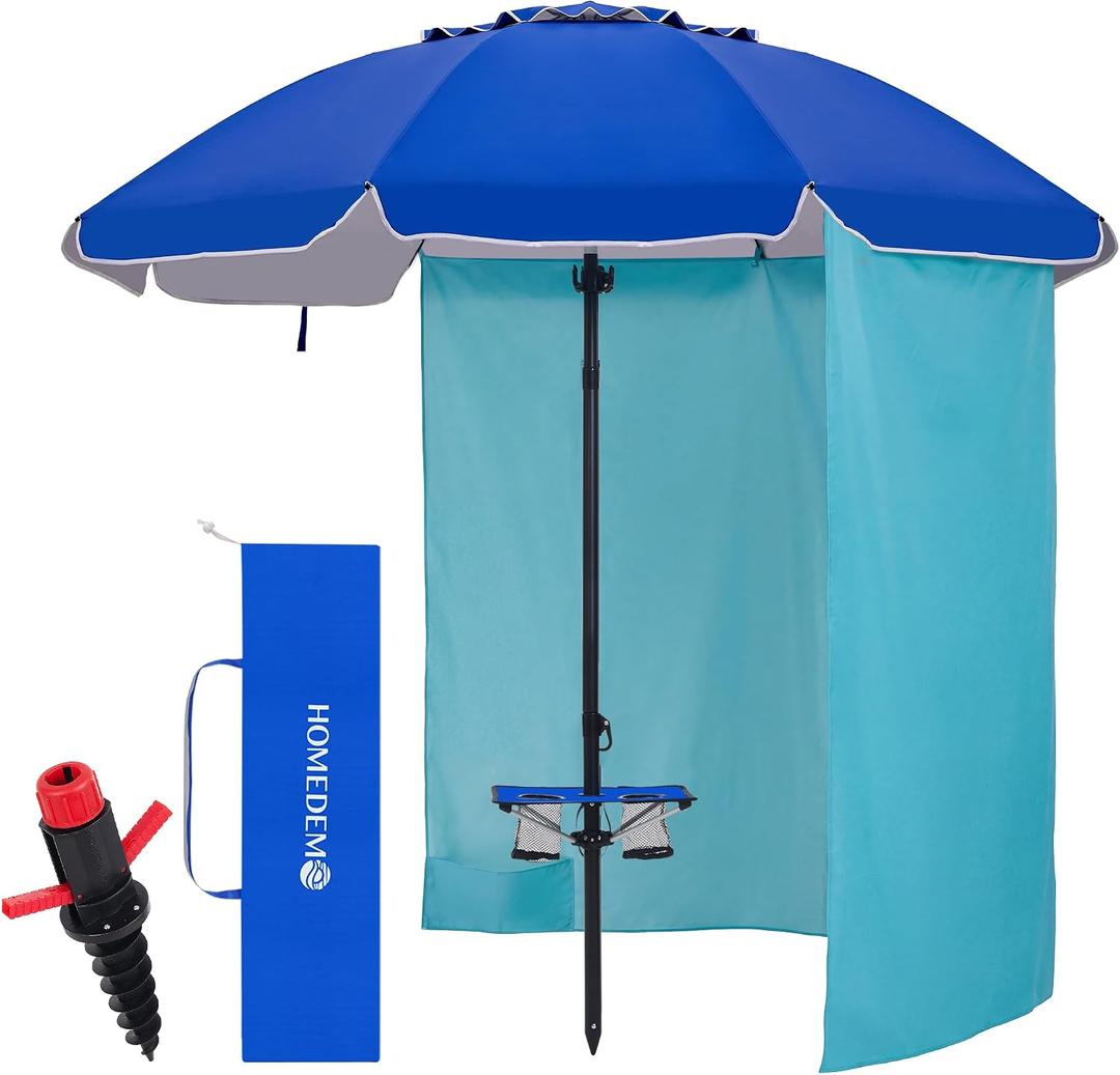 HOMEDEMO 7FT Beach Umbrella with Table & Anchor, Heavy Duty Windproof with UPF 50+ Sun Protection, Outdoor Umbrellas with Adjustable Aluminum Pole