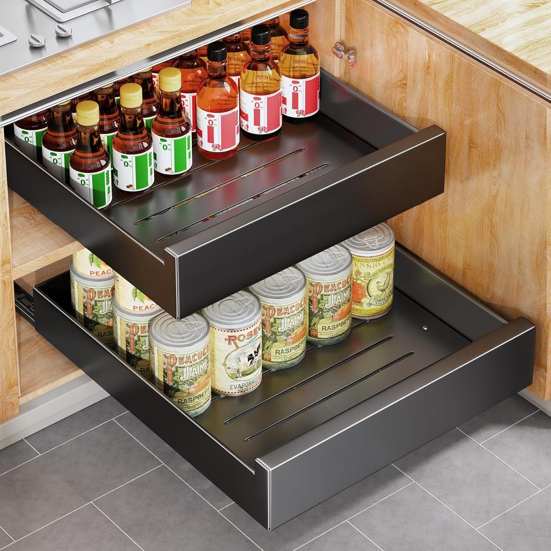 Pull Out Cabinet Organizer Fixed With Adhesive Nano Film,Heavy Duty Storage and Organization Slide Out Pantry Shelves Sliding Drawer Pantry Shelf for Kitchen,Living Room15.8"W x 16.9"D x 3.1"H(1PC) (15.8" Wide-16.9"Deep, Black(1pc))