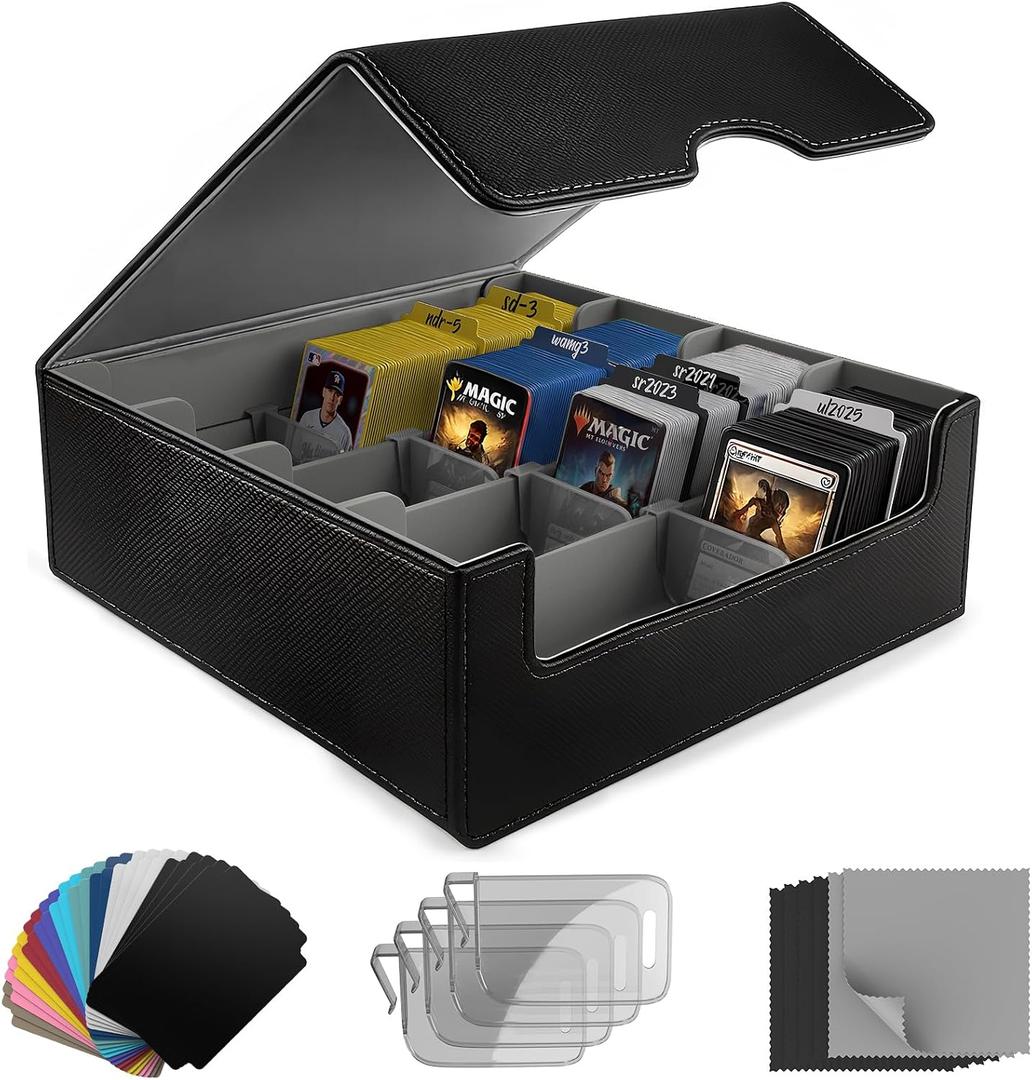 Trading Card Storage Box (3000+ Cards Capacity) – Magnetic MTG Deck Box, Waterproof PU Leather, Thickened Material – Includes 24 Dividers, 4 Card Stands, 6 Cleaning Cloths – Card Box for TCG & YuGiOh