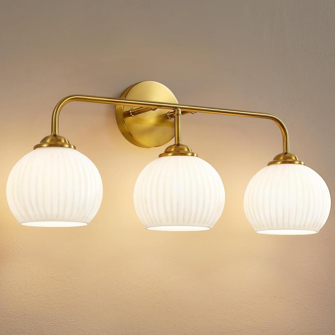 RUIYEY Bathroom Vanity Light Fixtures: 3-Lights Lantern Gold Vanity Lights for Bathroom, 23.6 Inch E26 60W Modern Bathroom Lighting Fixture with Milky White Glass for Bath Restroom, Gold