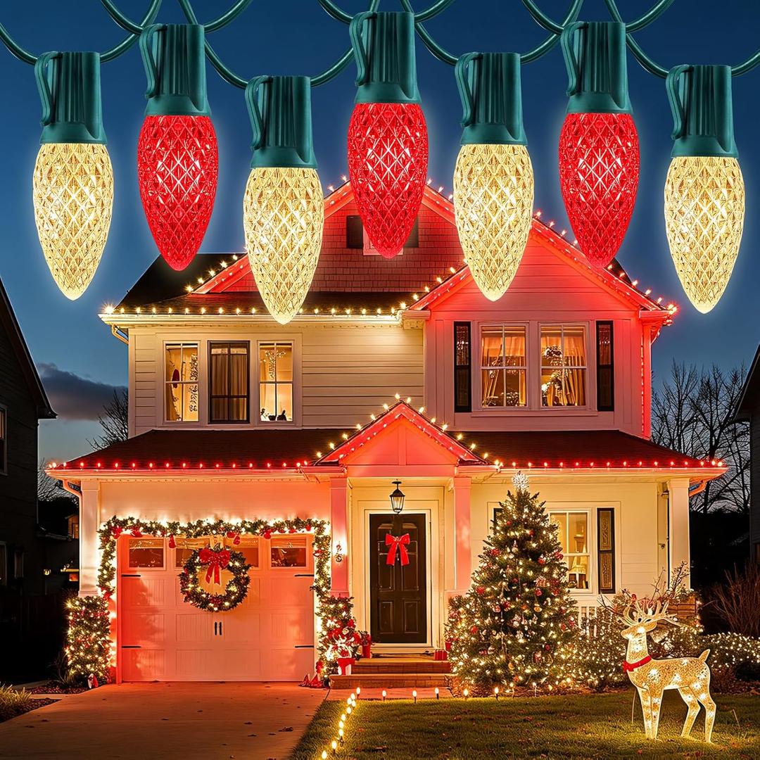 100 Feet Led Christmas Lights, Red and Warm White C9 Christmas String Lights Outdoor, 100 Strawberry Bulbs Connectable UL Certified for Indoor Outdoor Roofline Patio Holiday Party Backyard Decor