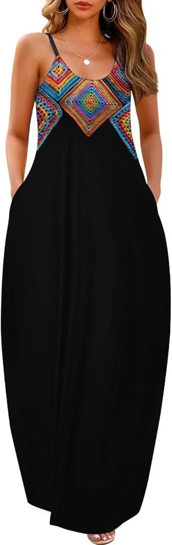 Wolddress Womens Maxi Dress with Pockets 2026 Casual Strap Plus Size Loose Plain Long Office Summer Beach Travel Dresses S-5X (Medium, Z-black Retro)