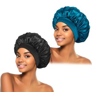 2Pcs Silk Bonnet for Sleeping, Satin Hair Bonnets, Soft Elastic Band Silk Sleep Cap, Hair Wrap for Women(Black Peacock Blue)