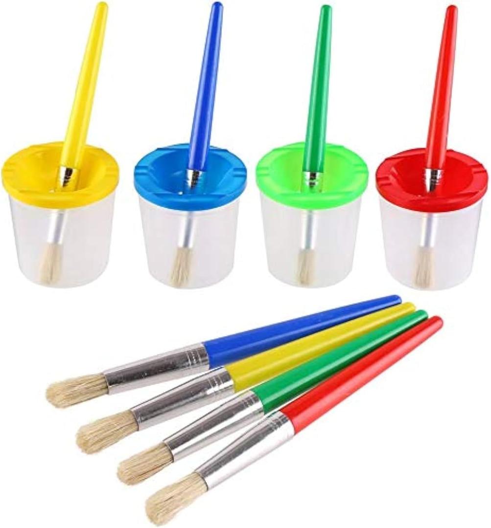 DIYASY 4 Pcs Kids No Spill Paint Cups and 4 Round Paint Brushes 4 Colors Spill Proof Paint Cups for Children Art Class and Home.