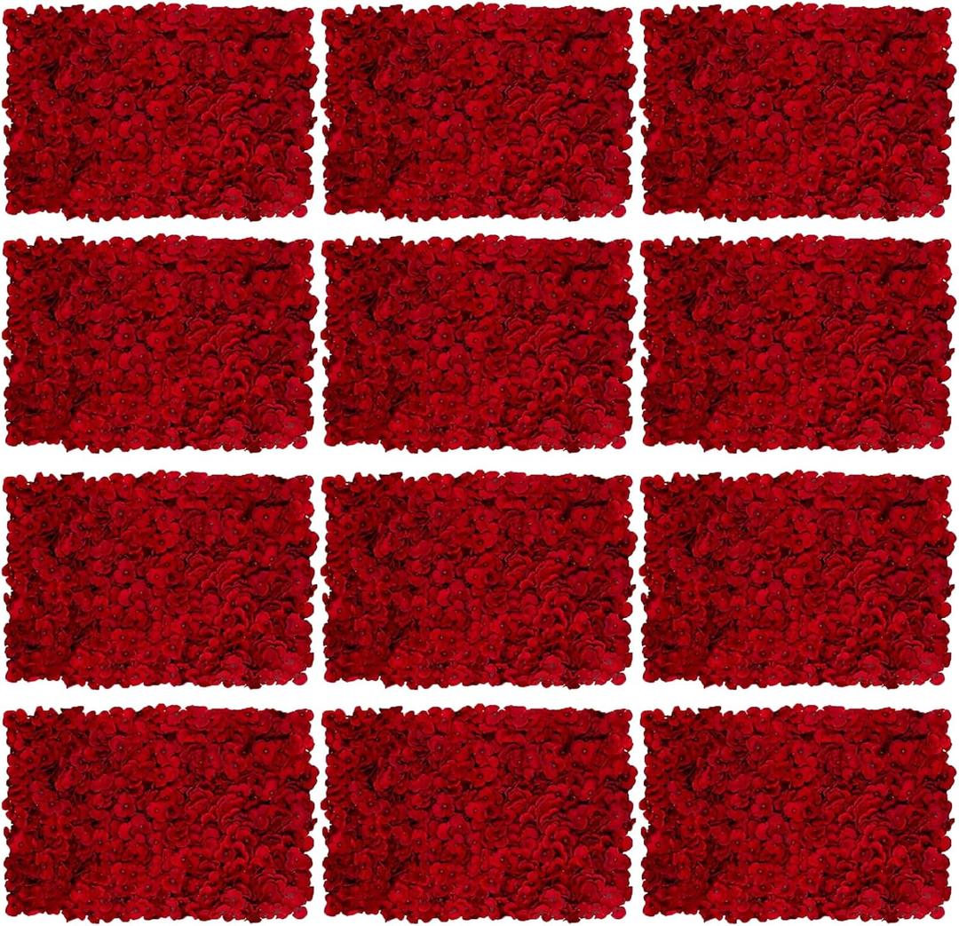 Flower Wall Panel Backdrop: 12 Pcs 24 x 16 Inch Red Artificial Hydrangea Floral Panels
