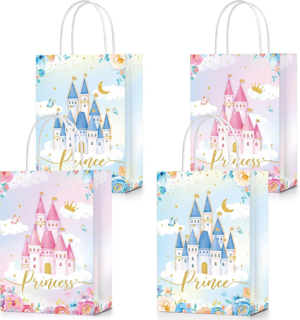 24 Pcs Princess & Prince Castle Party Bags with Handles - Candy & Treat Goodie Bags for Gender Reveal, Baby Shower & Wedding