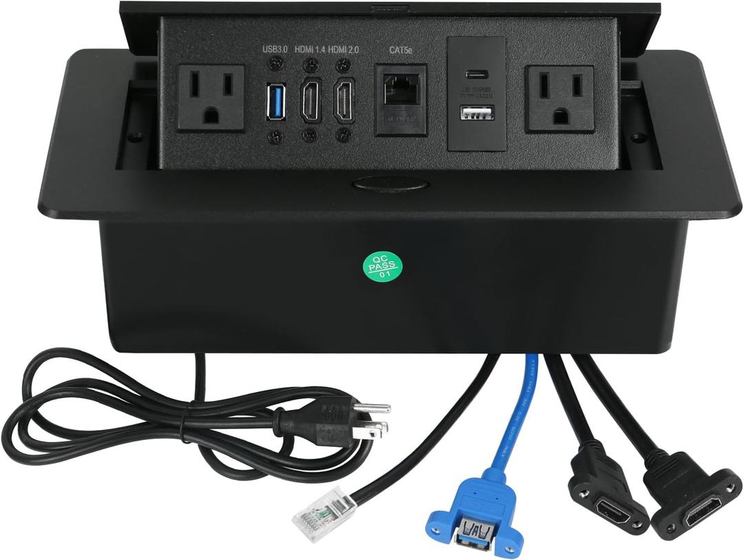 Table Pop Up Outlet, Desktop Pop Up Socket Center Countertop Socket Multimedia Strip Socket Connection Box Countertop with USB 3.0/2AC/2HDMI/USB-A/USB-C/LAN for Conference Desk Office (Black-3)