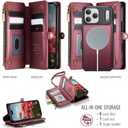 Defencase for iPhone 17 Pro Magnetic Wallet Case Compatible with Magsafe with RFID Blocking Zipper & Card Holder for Women Men PU Leather Strap Detachable Case for iPhone 17 Pro (6.3 inch), Wine Red