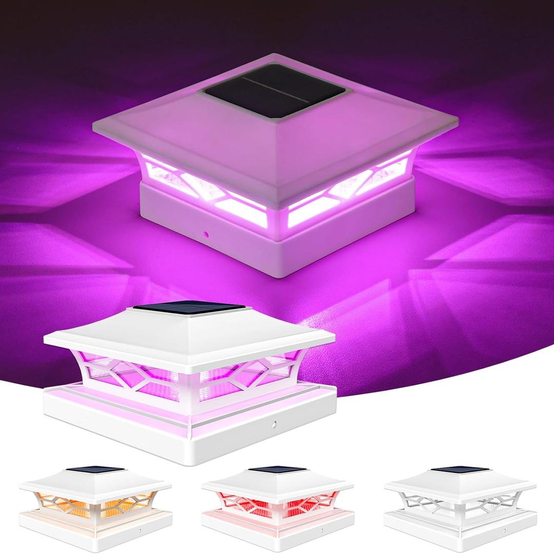 VOLISUN Solar Post Cap Light Outdoor Waterproof: RGB Color Changing - Solar Fence Cap Flashing Lights 4Pack White for 4x4 5x5 6x6 Wooden Vinyl Post