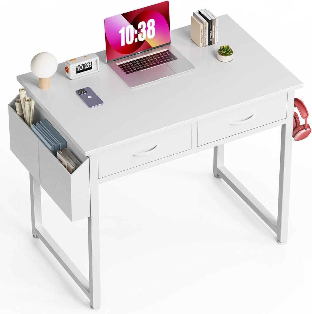 32" Computer Desk with Drawers and Storage Bag, White | Home Office Desk with Headphone Hook and Adjustable Feet for Writing Study and Gaming