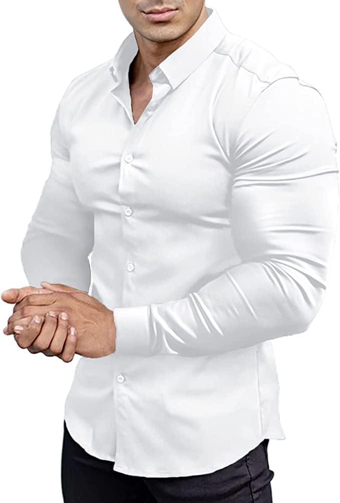 Mens Muscle Fit Dress Shirts Athletic Slim Fit Long Sleeve Stretch Casual Button Down Shirt (Large, White)