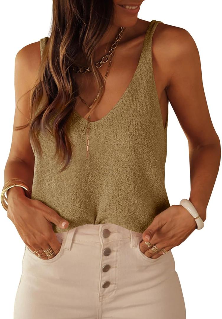 Tankaneo Womens Knit Sweater Tank Tops Casual Summer V Neck Loose Fit Sleeveless Camisole Shirts (Small, Khaki)