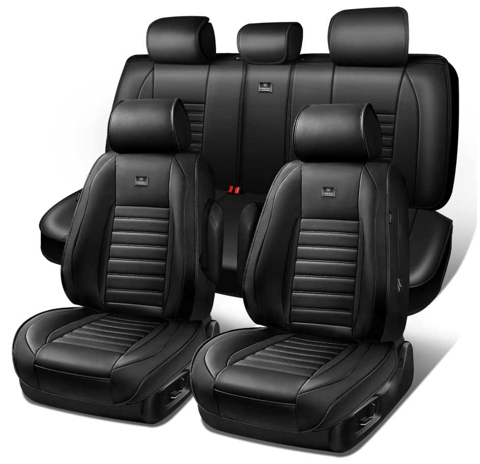 CAR PASS Nappa Leather Car Seat Covers Full Set, Luxury Seat Protector for Cars, Waterproof Anti-Slip Car Seat Cushion Armrest Compatible Airbag Universal for Sedan SUV Pick-up Truck Automotive, Black