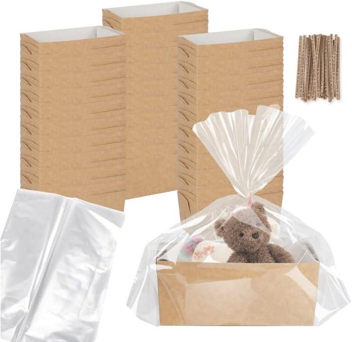 100 Pack Disposable Paper Gift Baskets 2Lb Loaf Pans for Baking Rectangle Bread Storage Bags with Clear Plastic Bags and Ties Kit for DIY Bakery Birthday Wedding Bow Party Gift Wrapping