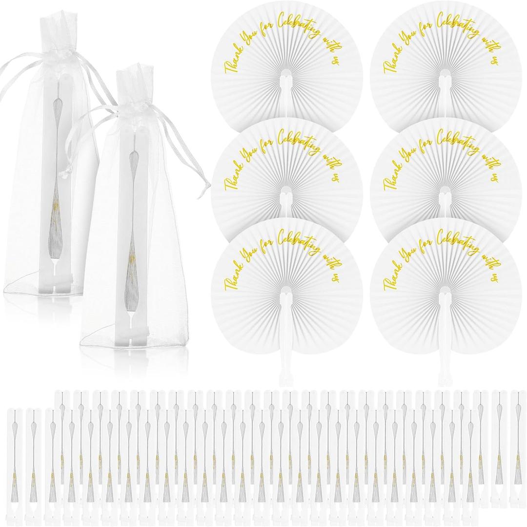 Suzile 50 Pcs Wedding Paper Fans Round Handheld Folding Fans Foldable Fans for Wedding with Plastic Handle and Yarn Bag Thank You for Celebrating with Us for Anniversary Guests Party(White)